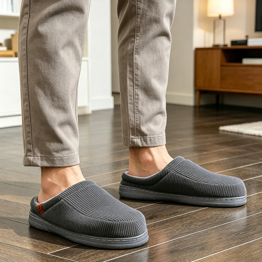 Warm Slippers for Men TPR Sole Memory Foam Soft Cushion Non Slip Stripe Design Comfortable Corduroy House Shoes