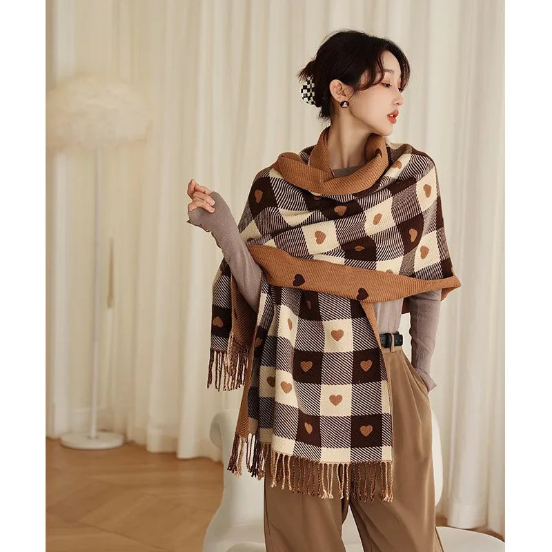 Women Plaid Heart Shaped Thick Winter Shawl Scarf