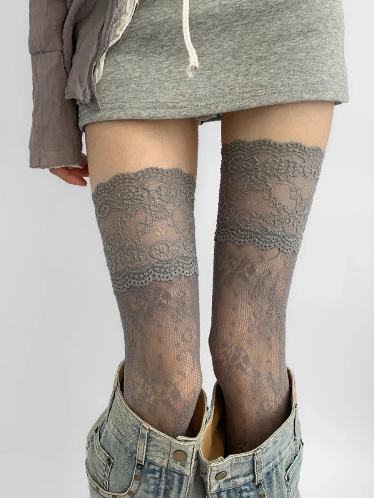 Lace Trim Fishnet Thigh High Stockings for Women