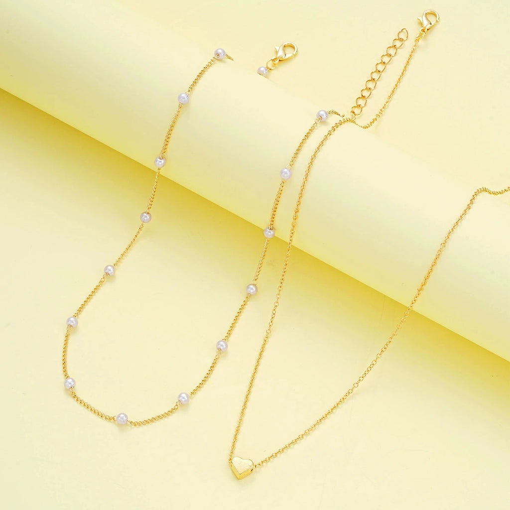 Women Pearl Heart Necklace Bracelet Jewelry Set