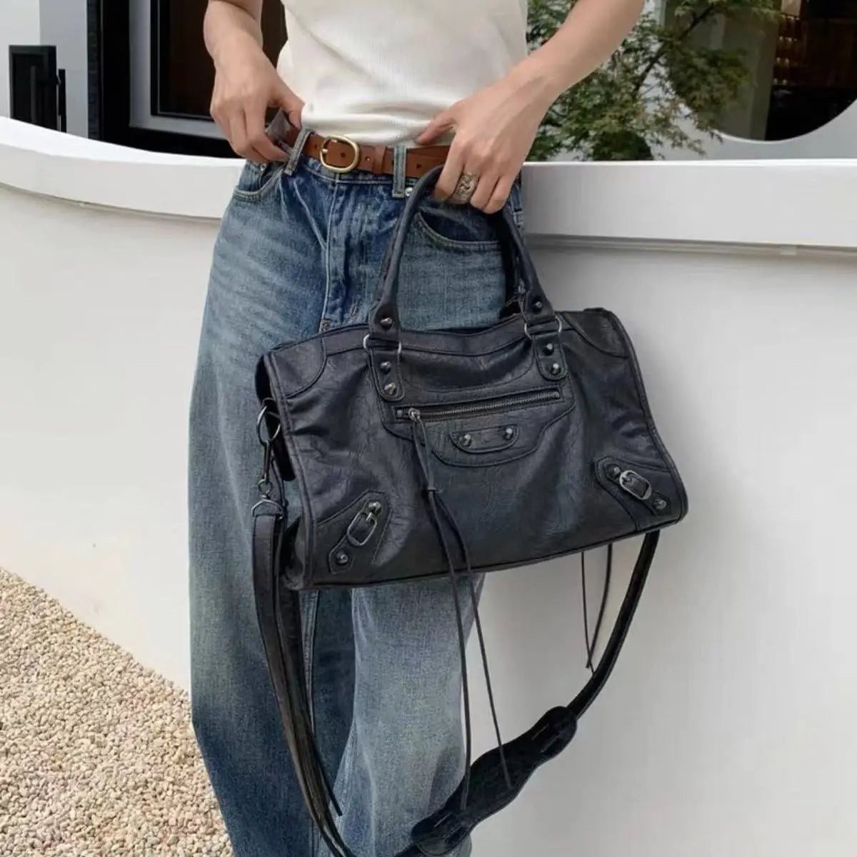 Y2K PU Leather Motorcycle Style Crossbody Tote Bag for Women