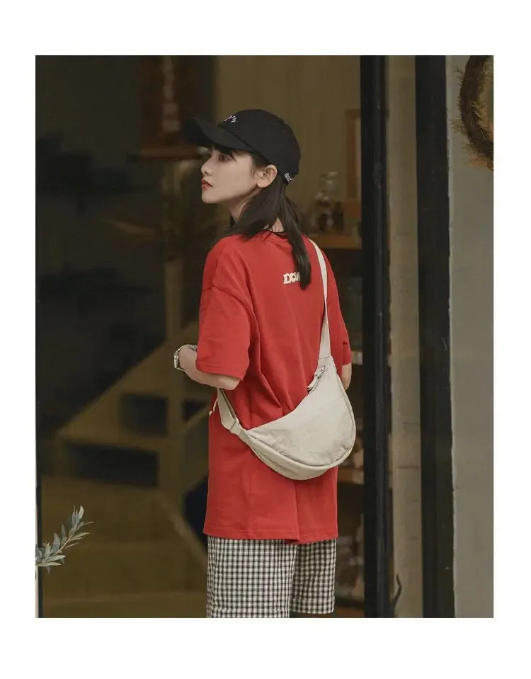 Men and Women Solid Color Chest Bag for Large Capacity Travel Crossbody Female Half Moon Bag Daily Cotton Filled Shoulder Bag