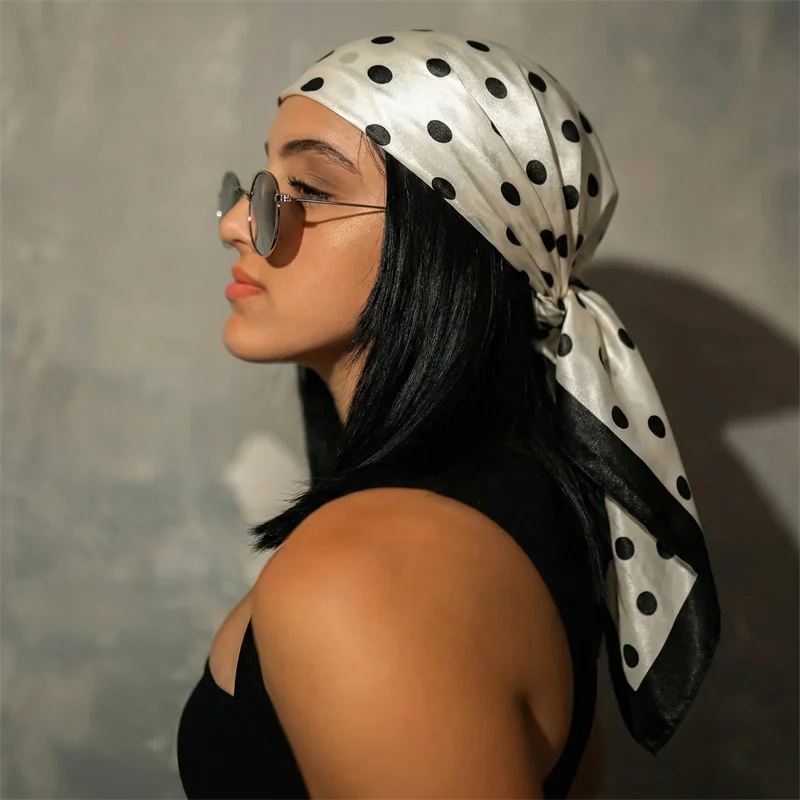 Women Dot Print Silk Square Scarf Satin Hijab Wrap
