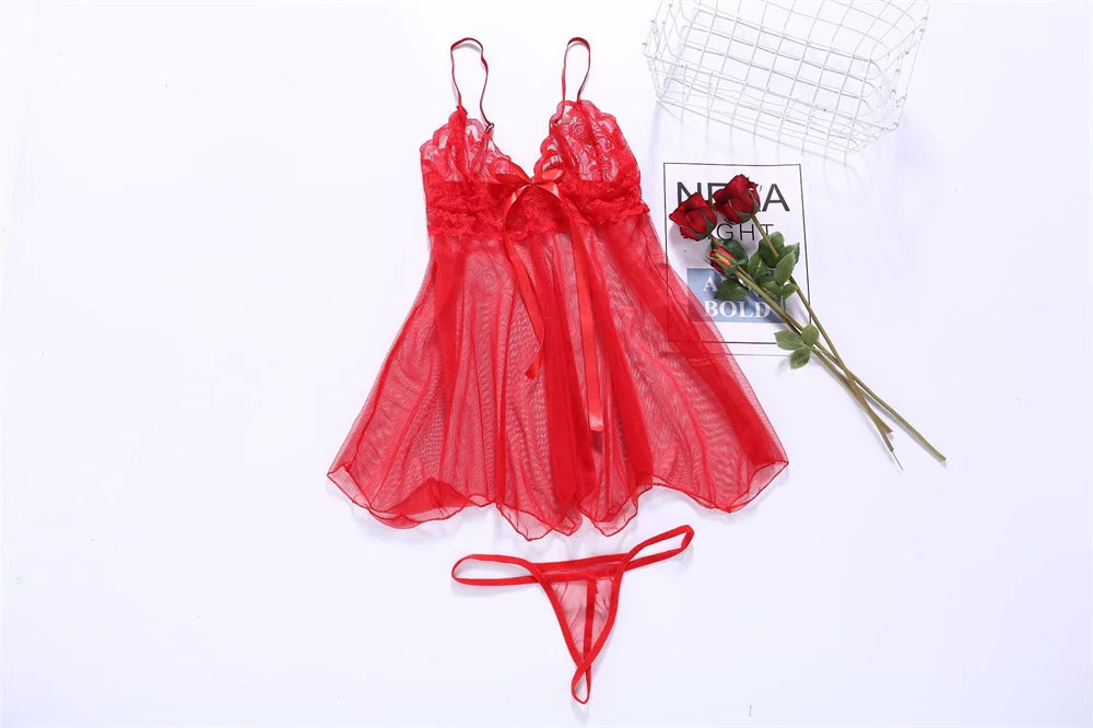 Women Crotchless Sleepwear Pajamas Lace Night Dress