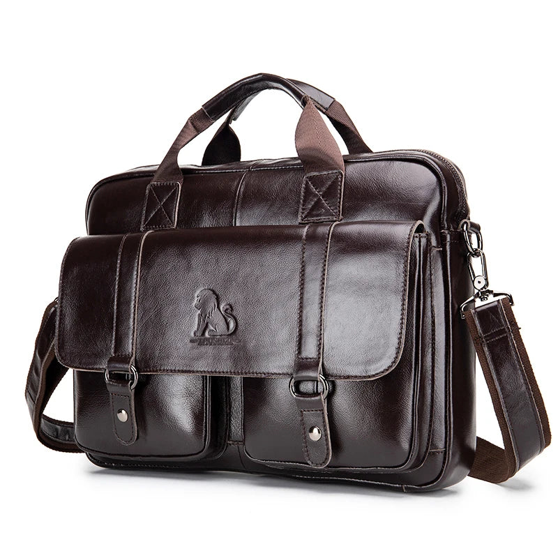 Genuine Leather Double Pocket Briefcase Laptop Crossbody Bag for Men