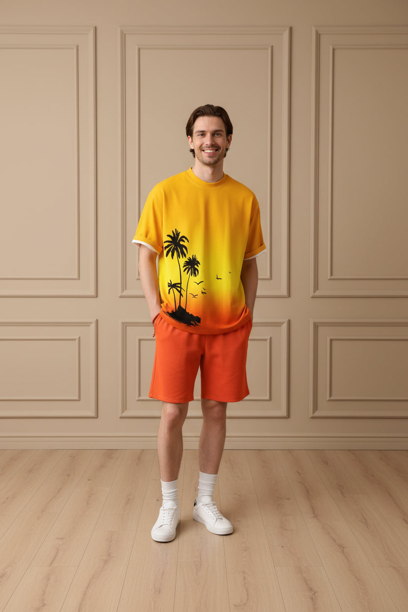 Men Gradient Hawaiian Shirt Shorts Set