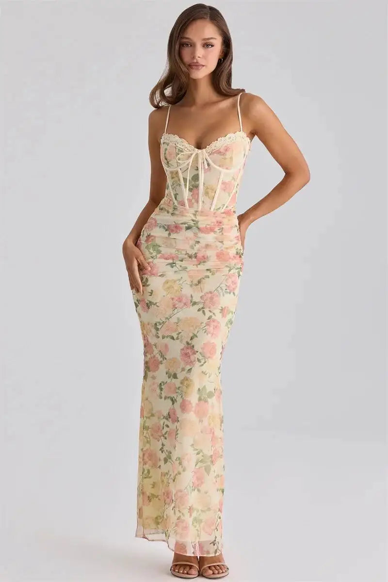 Women Floral Print Backless Maxi Bodycon Dress