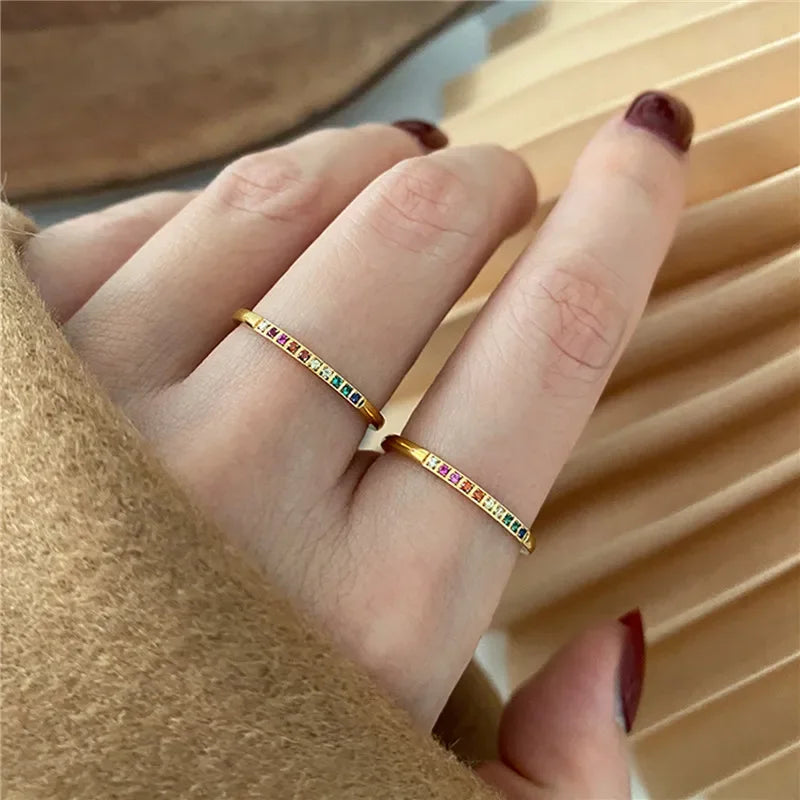 Women Rainbow Zircon Stainless Steel Star Rings Set