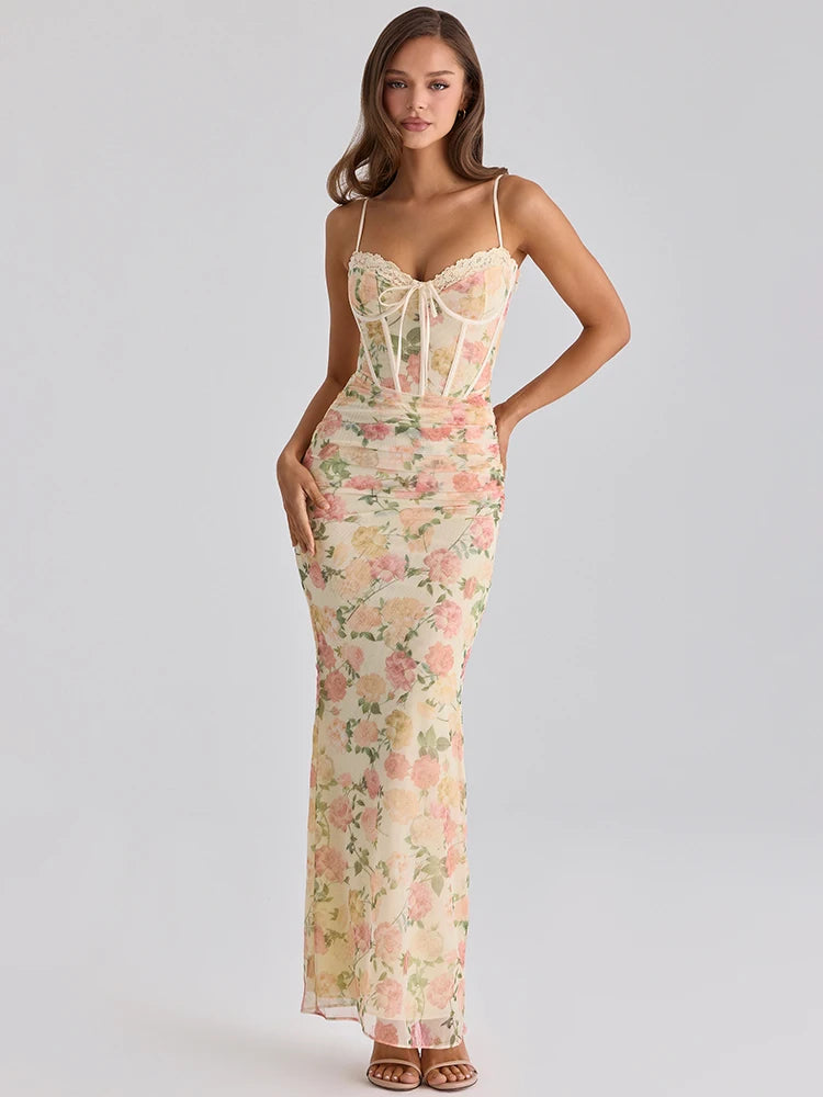 Women Floral Print Backless Maxi Bodycon Dress