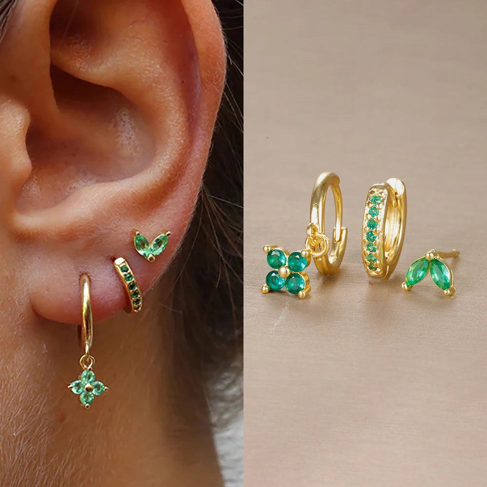 Women Stainless Steel Flower Zircon Drop Earring Set Jewelry