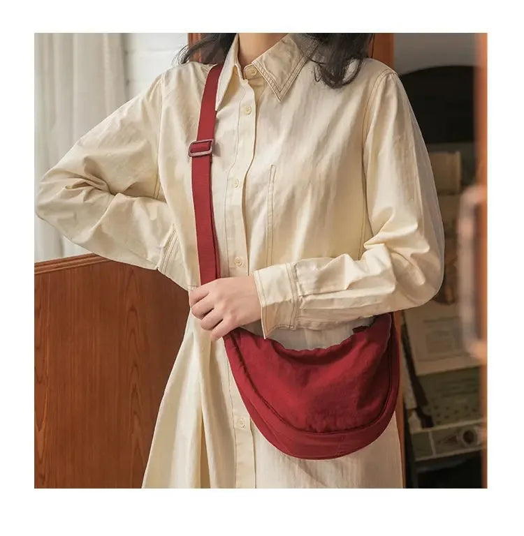 Men and Women Solid Color Chest Bag for Large Capacity Travel Crossbody Female Half Moon Bag Daily Cotton Filled Shoulder Bag