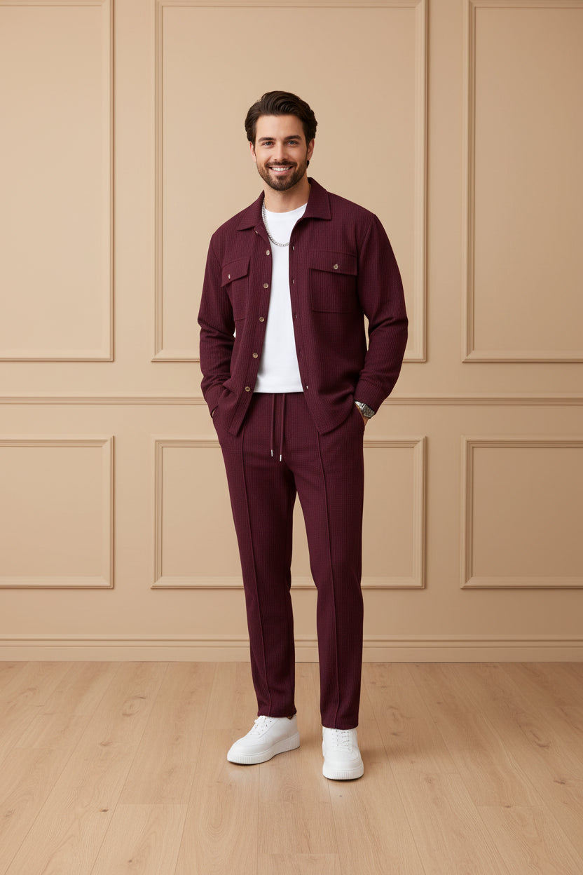 Men Waffle Knit Long Sleeve Pants Set