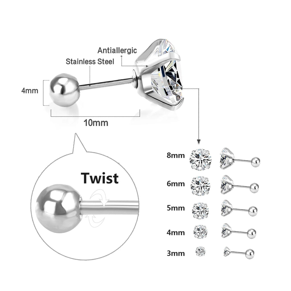 Men Stainless Steel Crystal Zircon Stud Earrings Set
