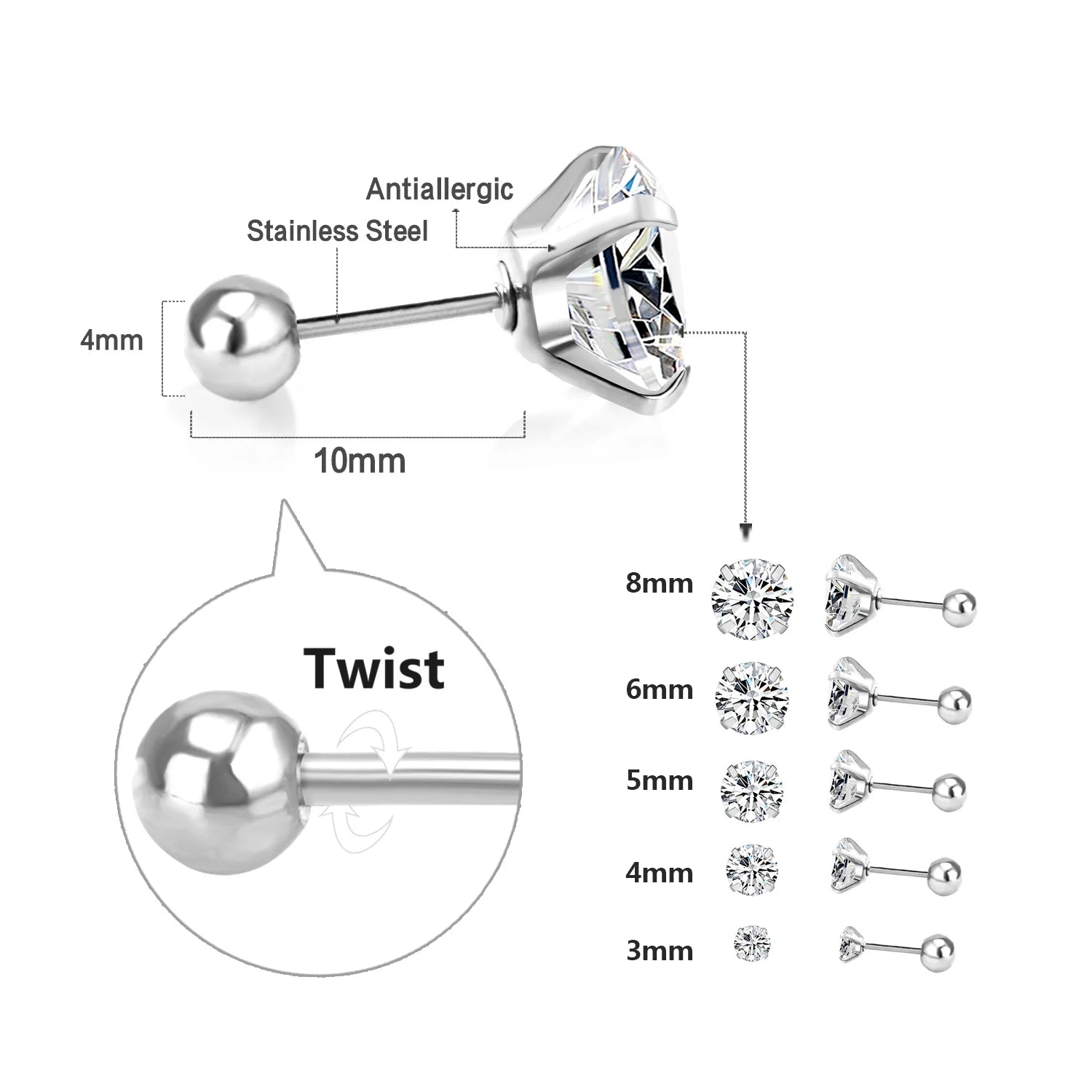 Men Stainless Steel Crystal Zircon Stud Earrings Set