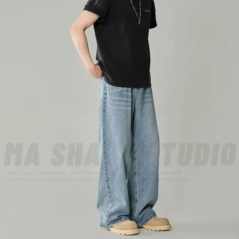 Men Washed Contrast Wide Leg Denim Jeans