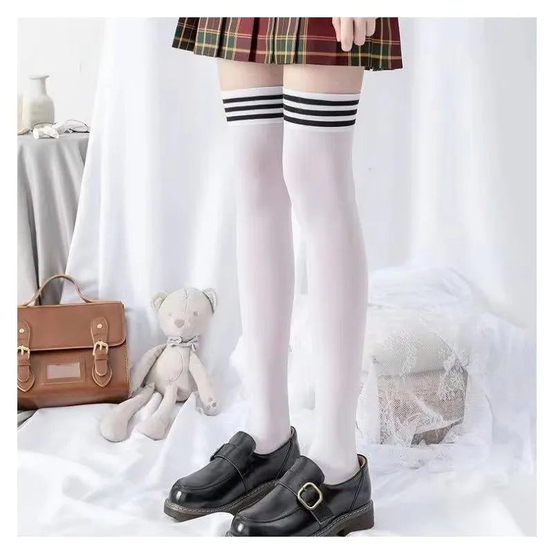 Solid Striped Thigh High Socks for Women