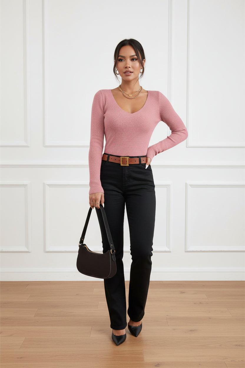 Rib Knit V Neck Stripe Sweater for Women