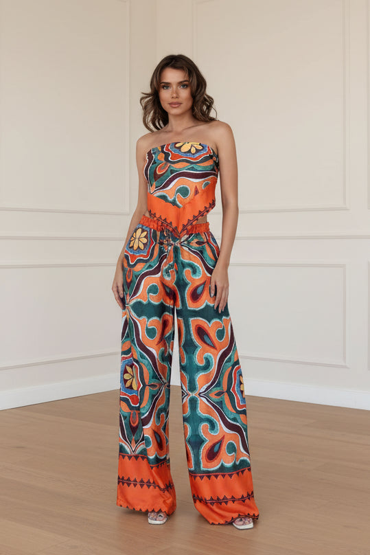 Women Strapless Bustier Top and Drawstring Pants Set