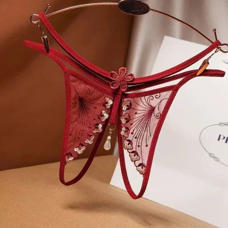 Open Crotch Lace Embroidered Sexy Thong Panties for Women