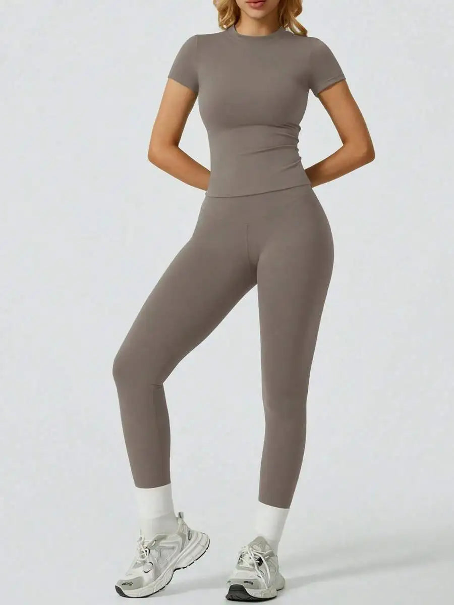 Women 2 Piece Yoga Set Short Sleeve Top and High Waist Leggings Fitness Outfit