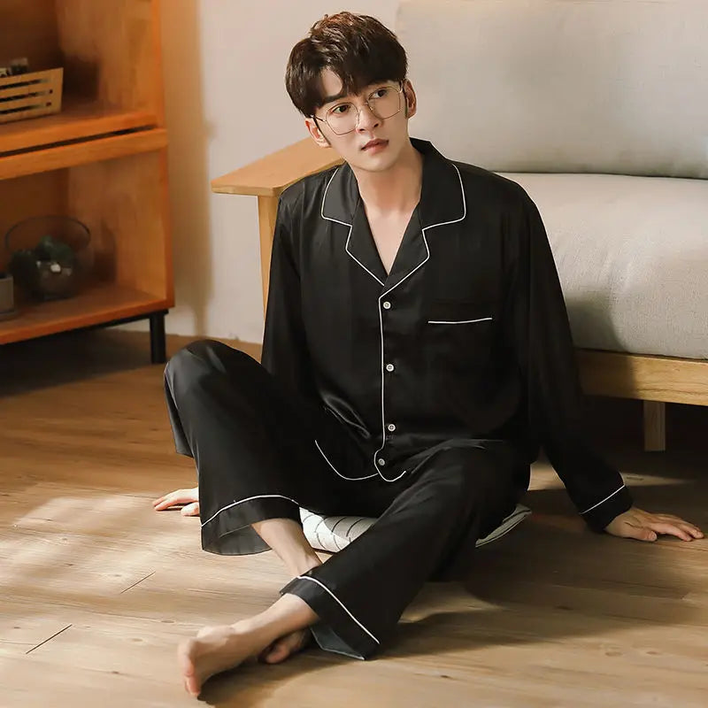 Men Silk Satin Pajamas Set Winter Sleepwear Loungewear