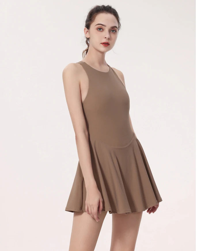 Women Summer Tennis Dress Solid Color Backless Dress