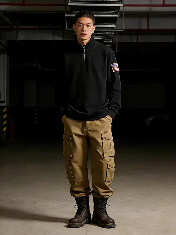 Men Quarter Zip Embroidered Oversized Hoodie Activewear Sweatshirt