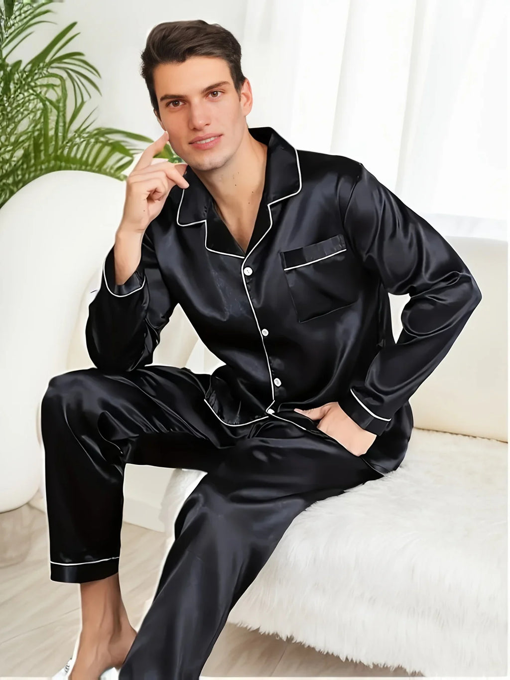 Men Microfiber Satin Pajama Set Long Sleeve Sleepwear