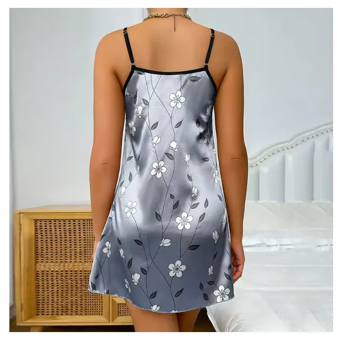 Floral Satin Sleeveless Backless Nightdress for Women
