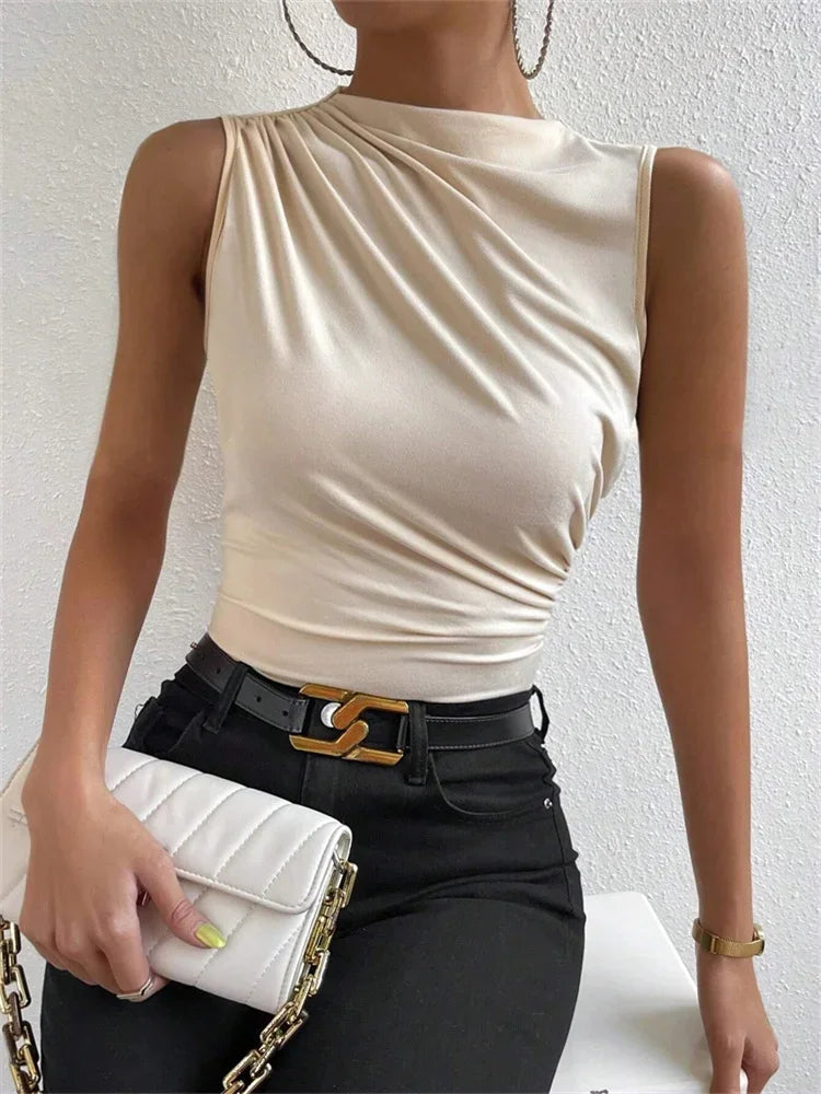 Women Mock Neck Ruched Sleeveless Tank Top