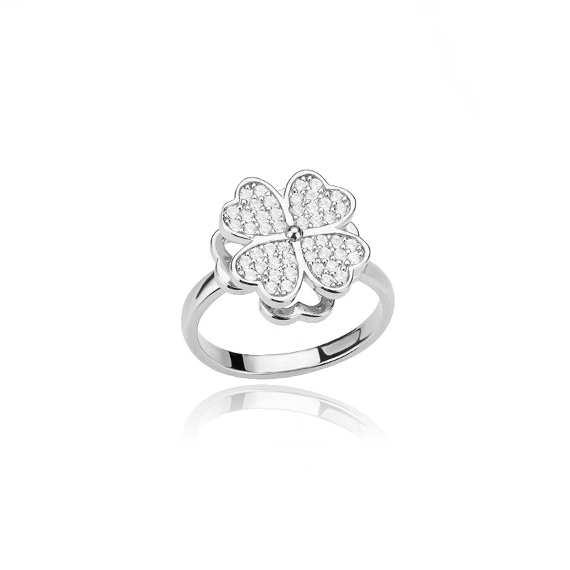 Women Spinner Zircon Clover Heart Fidget Ring Jewelry