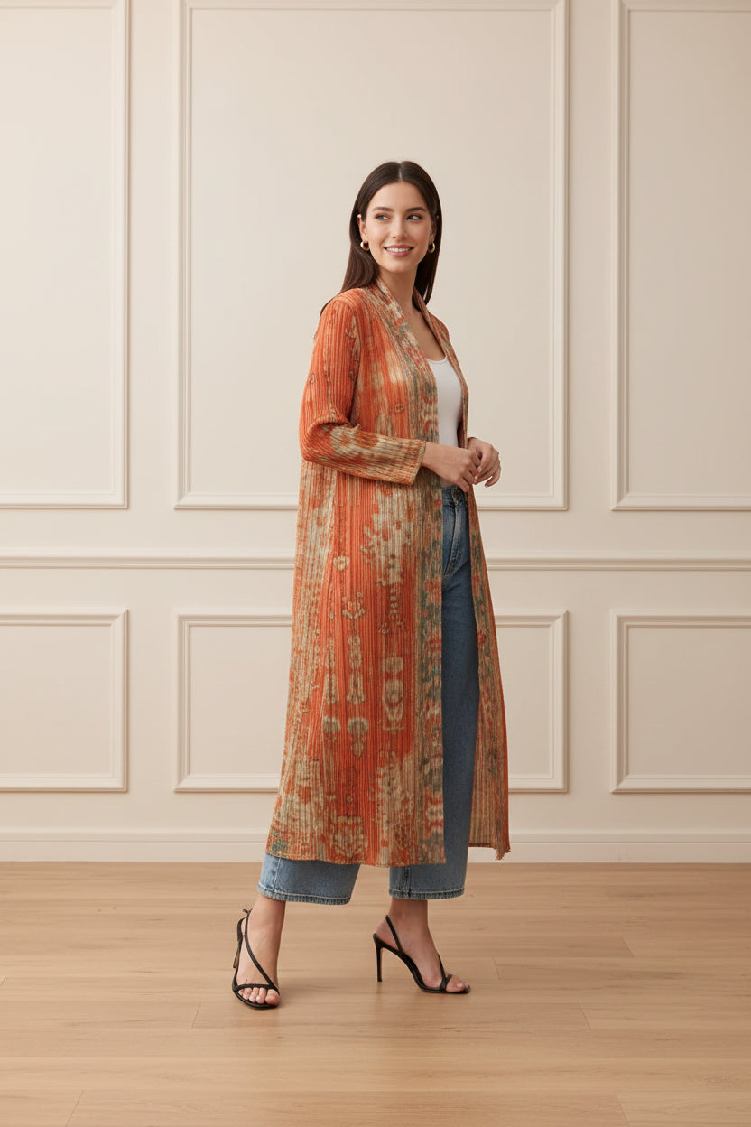 Women Pleated Printed Long Jacket Coat