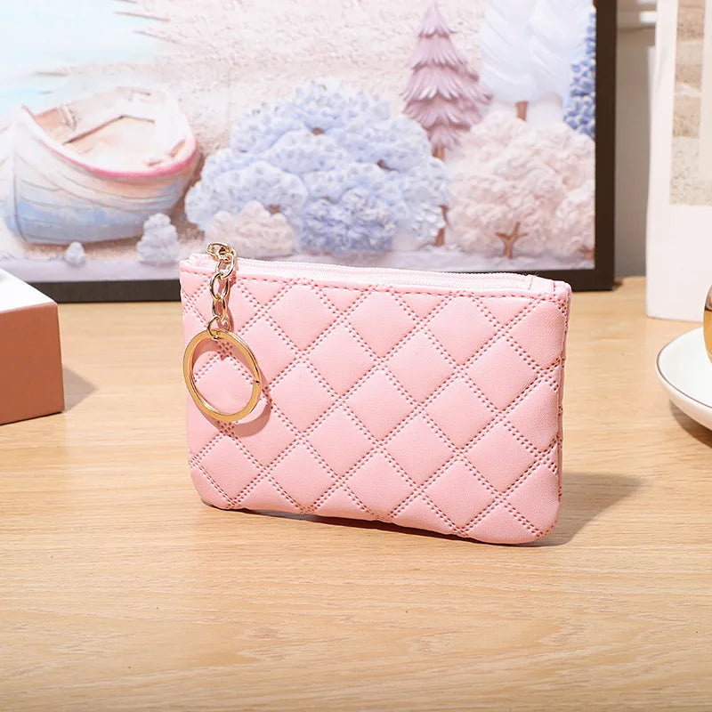 Mini Plaid Leather Zipper Coin Purse Wallet with Keychain for Women