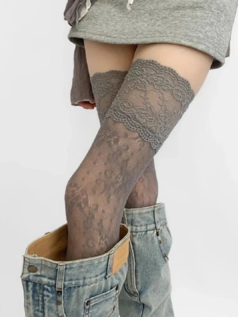 Lace Floral Fishnet Thigh High Stockings for Women