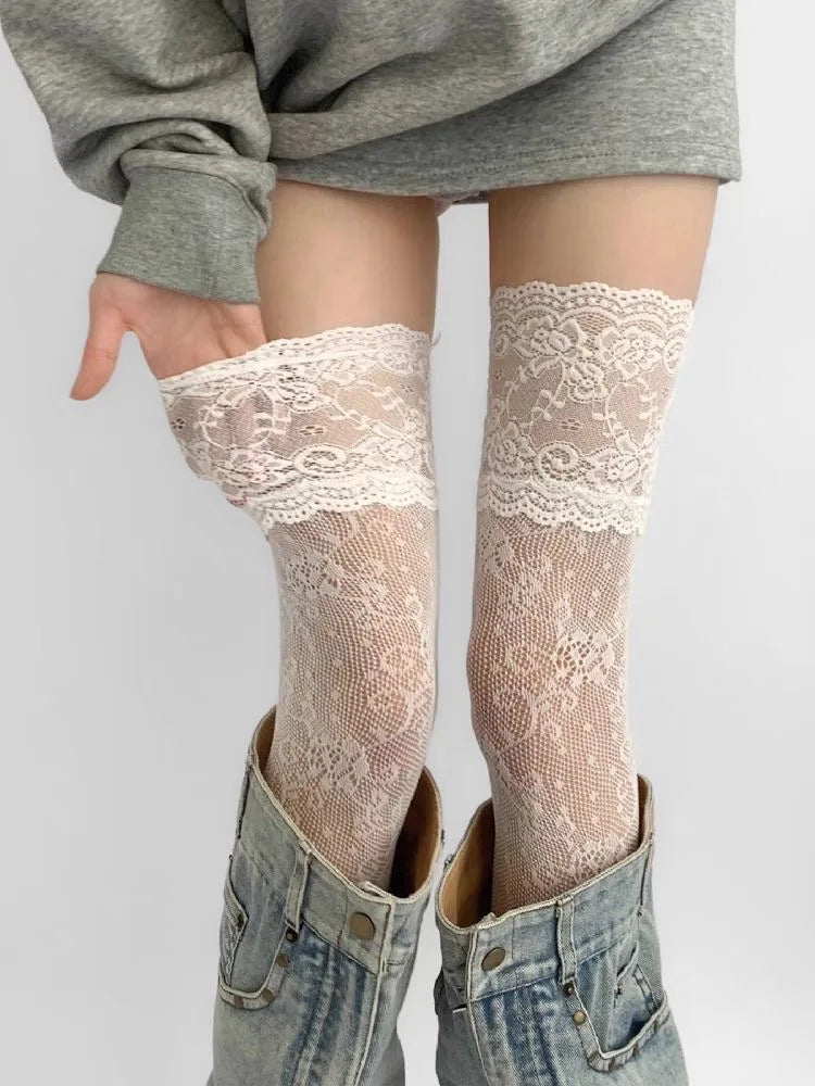 Lace Trim Fishnet Thigh High Stockings for Women
