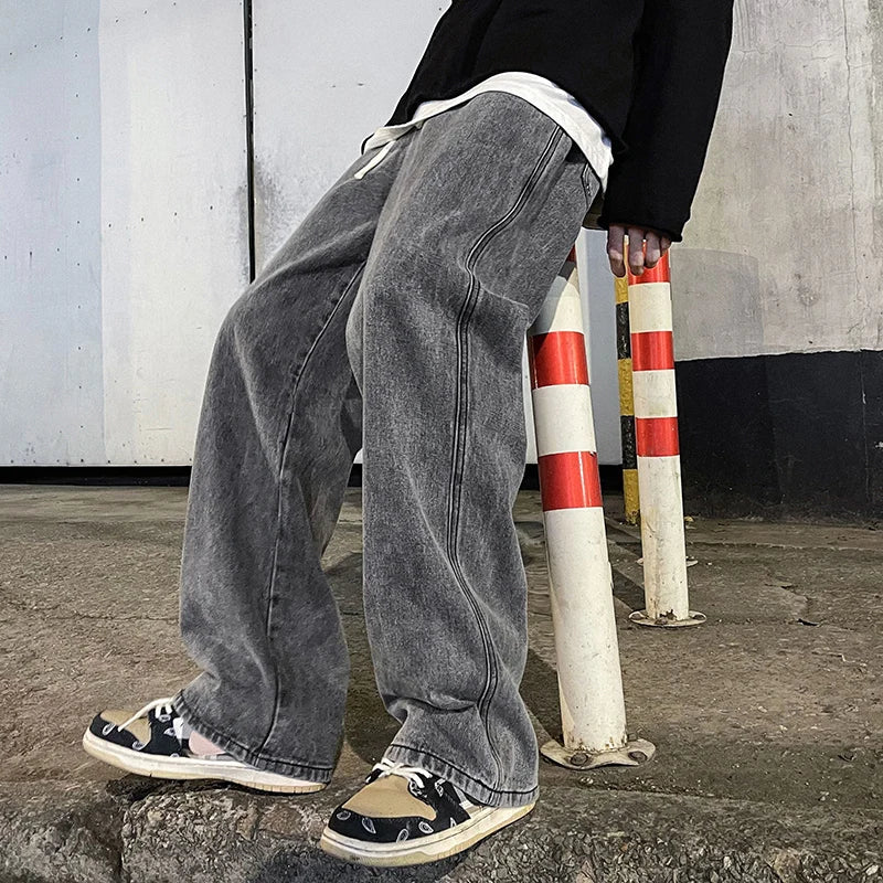 Men Korean Streetwear Wide Leg Jeans