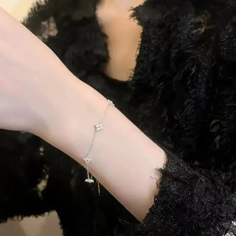 Women Crystal Four Leaf Flower Stainless Steel Zircon Bracelet