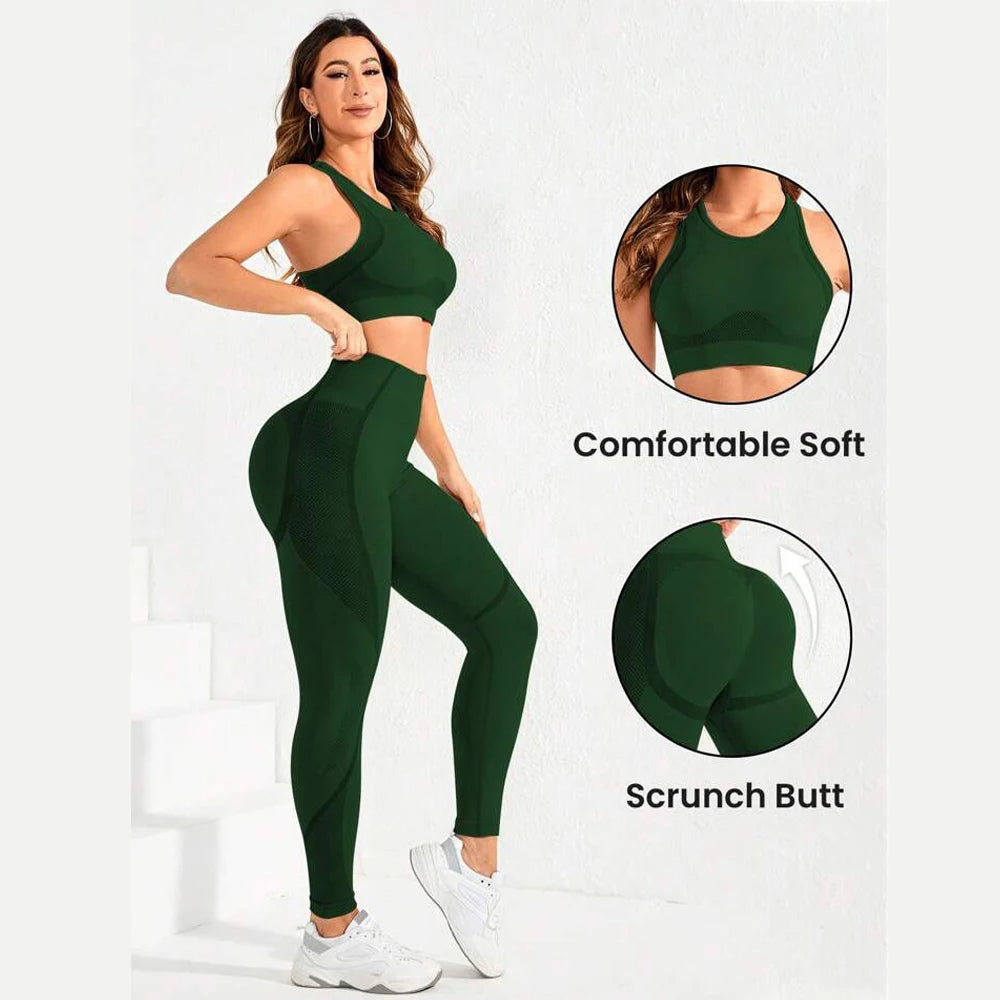 Women Seamless Yoga Bodysuit Set Sports Bra and High Waist Leggings