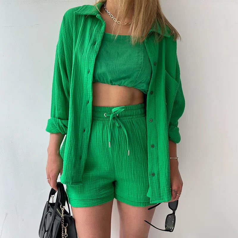 Women Muslin 2 Piece Short Set Button Casual Summer Outfit