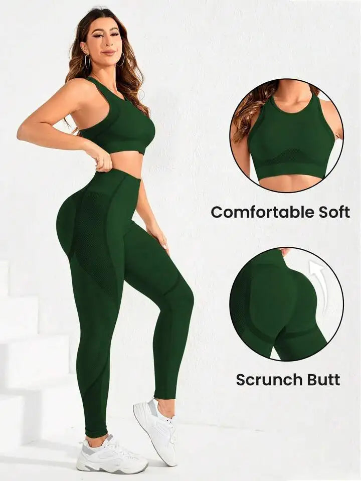 Women Seamless Yoga Bodysuit Set Sports Bra and High Waist Leggings