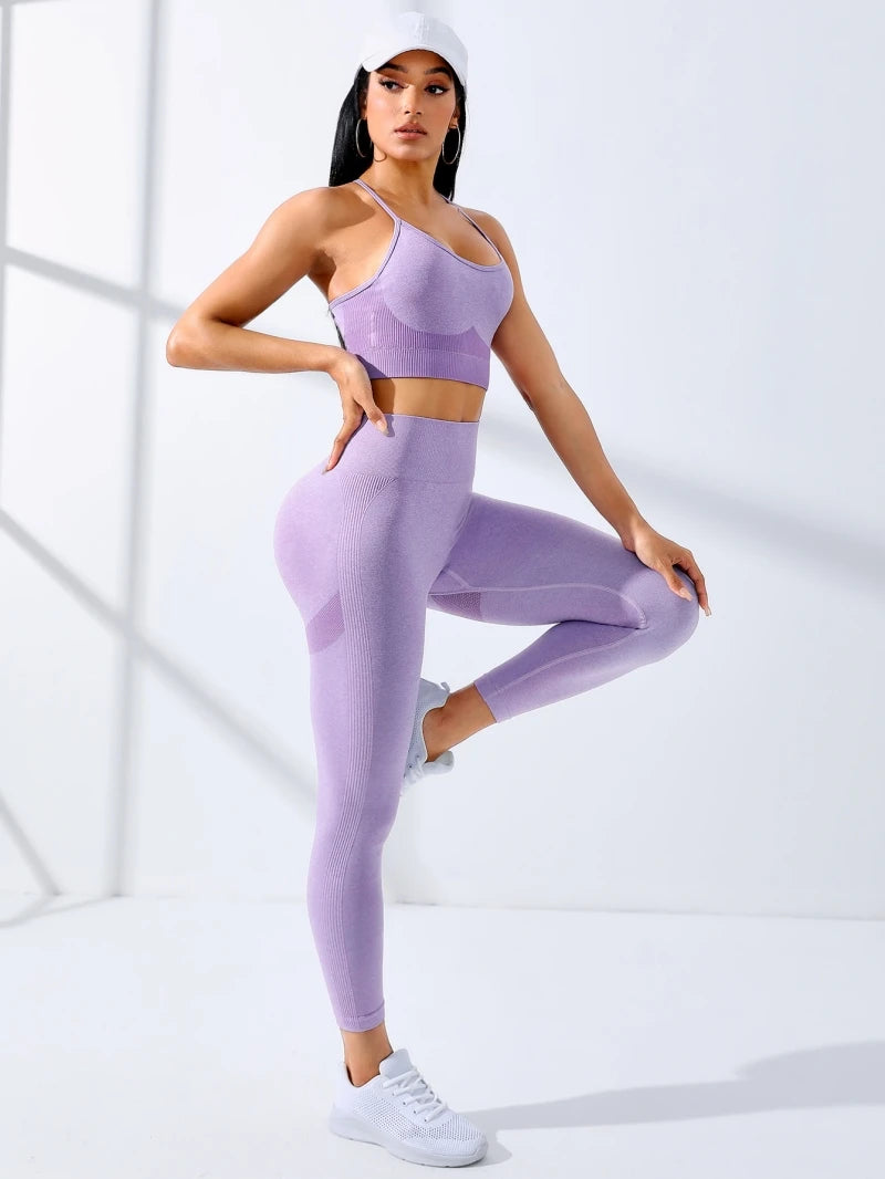 Women Seamless Yoga Bodysuit Set Sports Bra and Leggings Workout Outfit