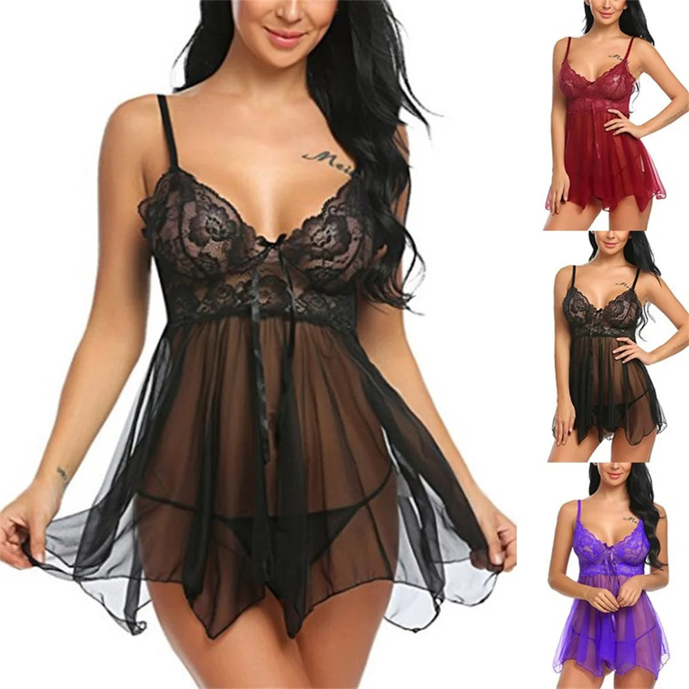 Women Crotchless Sleepwear Pajamas Lace Night Dress