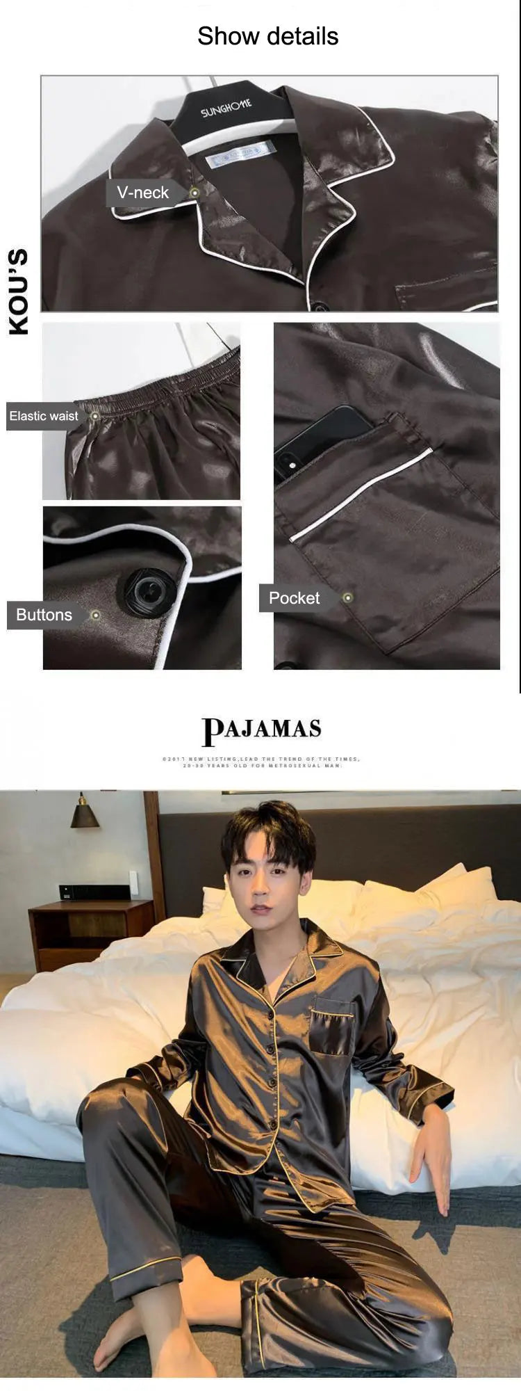 Men Silk Satin Pajamas Set Winter Sleepwear Loungewear