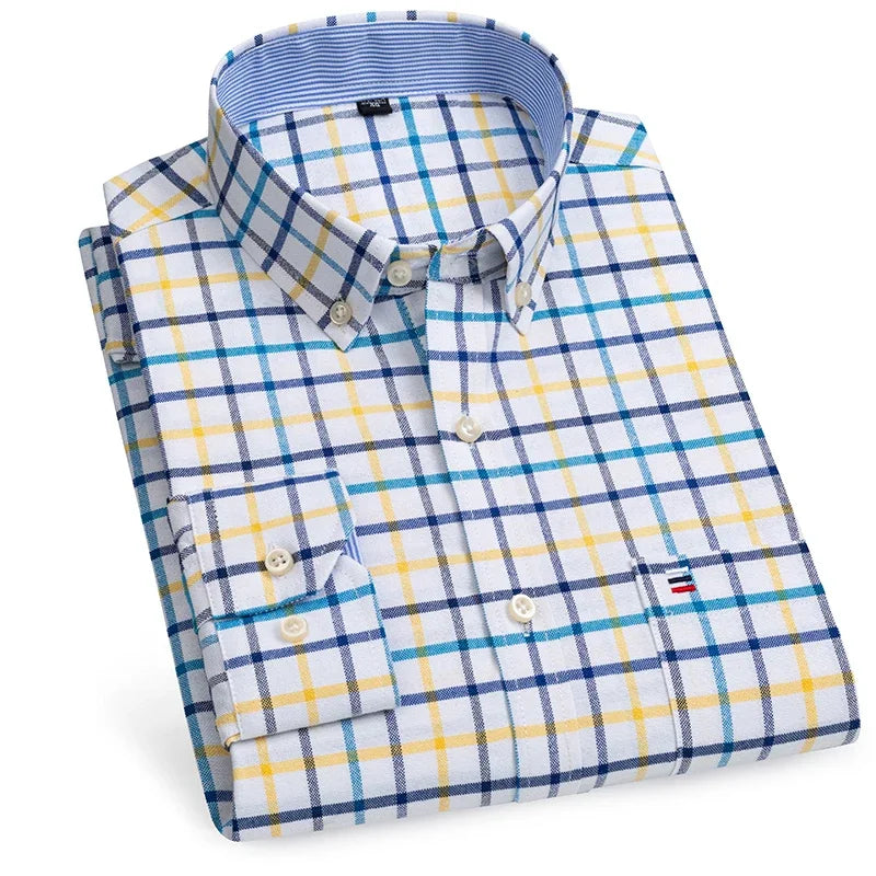 Men Cotton Oxford Plaid Long Sleeve Shirt