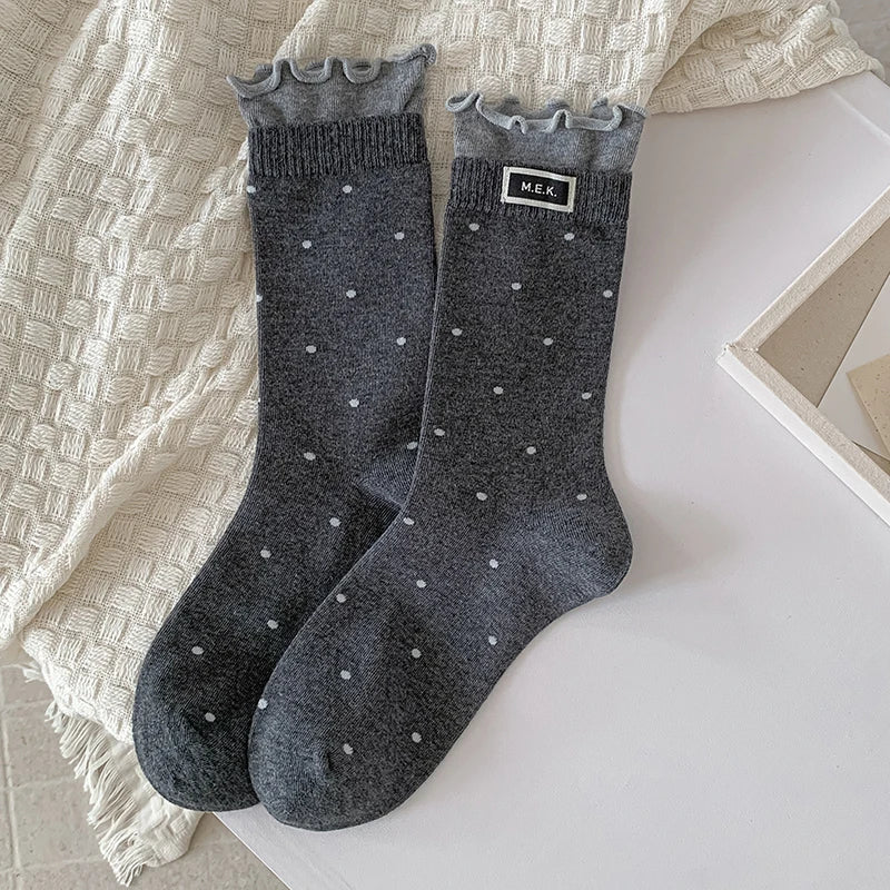 Polka Dot Frilly Long Socks for Women