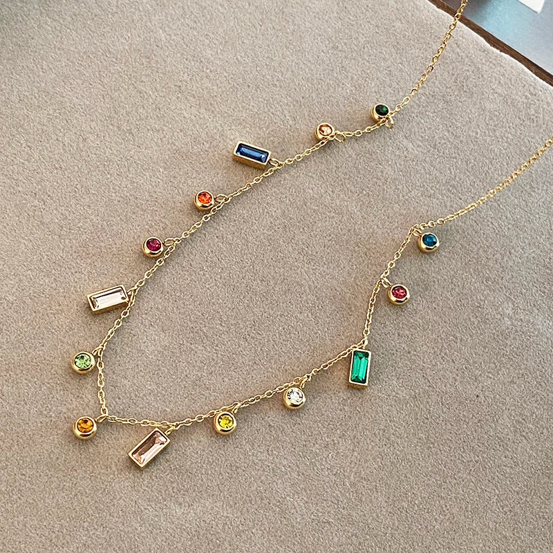 Women Colorful Zircon Stainless Steel Short Chain Necklace