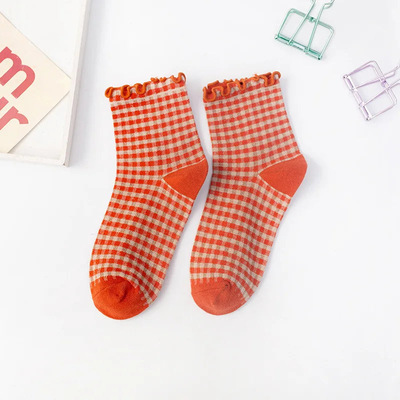 Checkered Cotton Crew Socks for Women