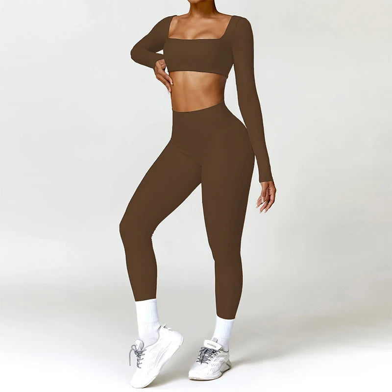 Women 2 Piece Yoga Set Long Sleeve Sports Top and Leggings