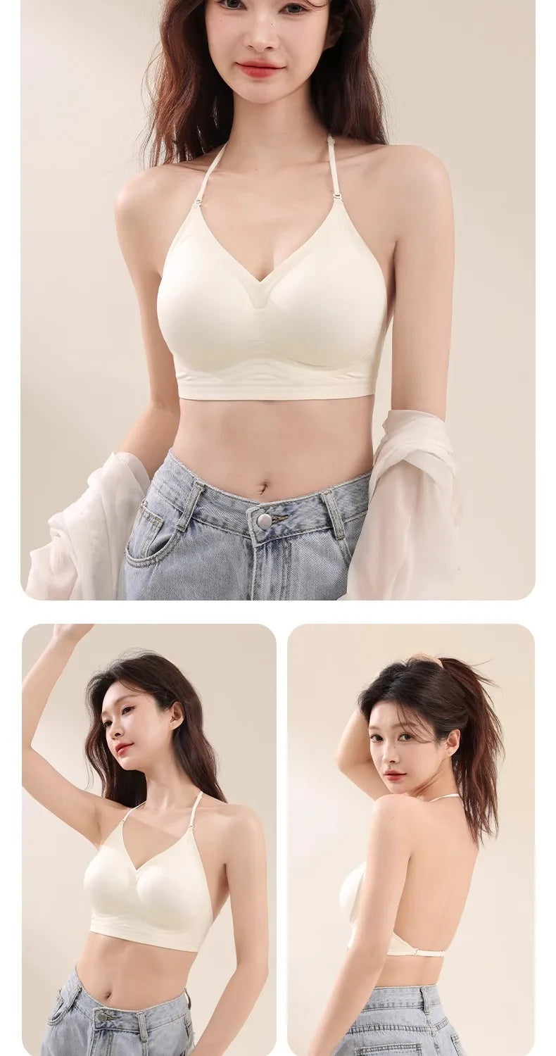 Backless Seamless Push Up Bra for Women with Thin Straps and Neck Hook