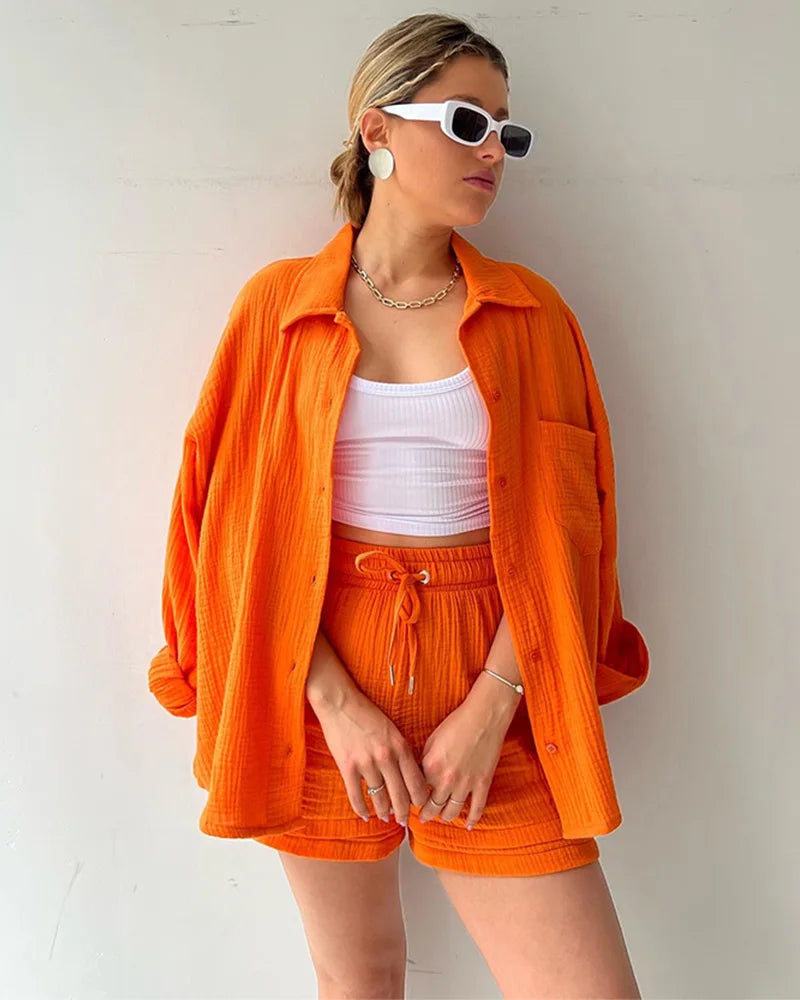 Women Muslin 2 Piece Short Set Button Casual Summer Outfit